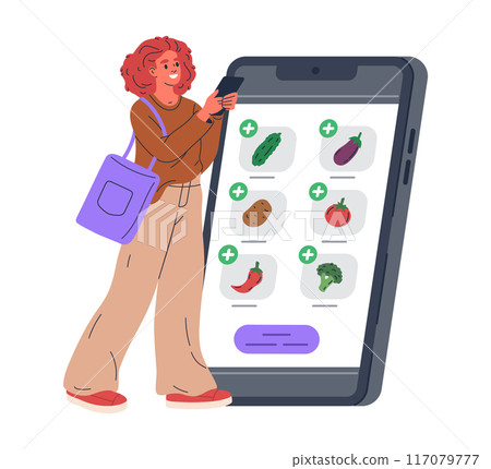 Girl buying groceries online. Woman using smartphone buy vegetables in online grocery market, e-commerce website screen flat vector illustration. Online food shop app Girl buying groceries online. Woman using smartphone buy vegetables in online grocery market, e-commerce website screen flat vector illustration. Online food shop app 117079777