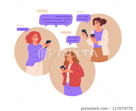 Girls chatting. Women texting to each other using smartphones, female characters text message to girlfriends flat vector illustration. Smartphone social media concept 117079778