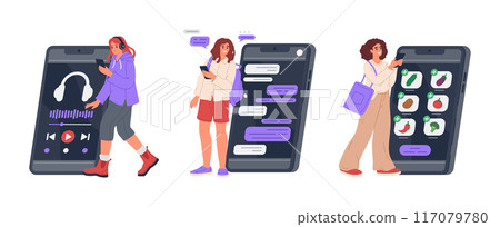 Girls with big smartphones. Woman using smartphone, female characters listening to music, buying groceries and chatting flat vector illustration set. Shopping, music player and messenger scenes Girls with big smartphones. Woman using smartphone, female characters listening to music, buying groceries and chatting flat vector illustration set. Shopping, music player and messenger scenes 117079780