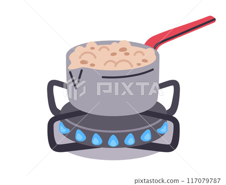 Saucepan on gas stove. Delicious boiling porridge in pot, hot tasty dish on gas cooker, food preparing flat vector illustration. Breakfast or lunch or dinner cook on stove Saucepan on gas stove. Delicious boiling porridge in pot, hot tasty dish on gas cooker, food preparing flat vector illustration. Breakfast or lunch or dinner cook on stove 117079787