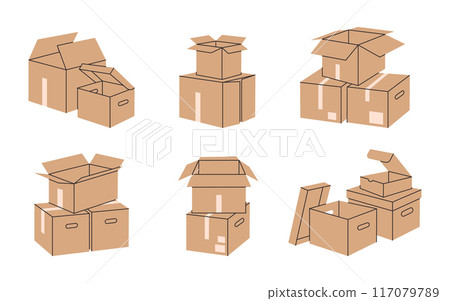 Stacked cardboard boxes. Carton box piles, cargo warehouse boxes stack flat vector illustration set. Hand drawn delivery or moving containers Stacked cardboard boxes. Carton box piles, cargo warehouse boxes stack flat vector illustration set. Hand drawn delivery or moving containers 117079789