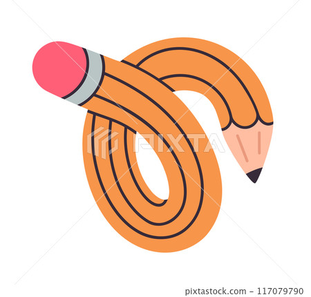Twisted pencil. Curved funny yellow simple pencil, cute school supply isolated flat vector illustration. Hand drawn funky twisted pencil on white Twisted pencil. Curved funny yellow simple pencil, cute school supply isolated flat vector illustration. Hand drawn funky twisted pencil on white 117079790