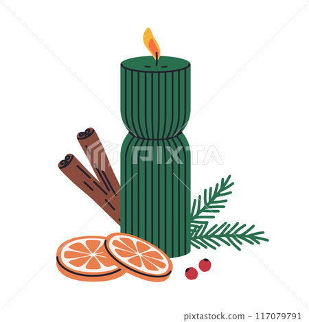 Winter holidays wax candle. Christmas candle with decorations, xmas scented wax candle with dry orange and cinnamon sticks flat vector illustration. Hand drawn interior candle 117079791