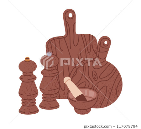 Wooden cutting boards. Kitchen chopping boards, salt and pepper mills and wooden mortar, household kitchen utensils flat vector illustration. Wood texture chopping boards 117079794