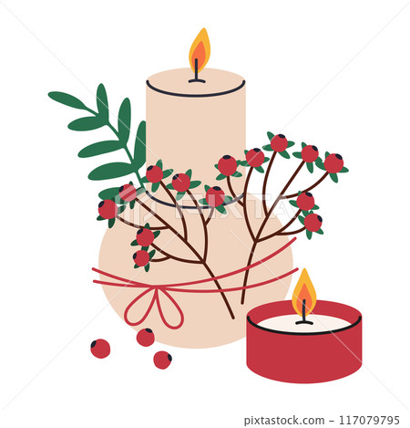 Xmas wax candles. Christmas aroma candles with decorations, winter holidays scented wax candles flat vector illustration. Hand drawn candles interior decor 117079795