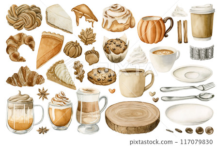 Autumn Pastry, Desserts, Drinks and Kitchenware Clipart. Set of fall sweets and beverages. Watercolor food illustration isolated on white background for Thanksgiving design, cafe menu, cook book 117079830