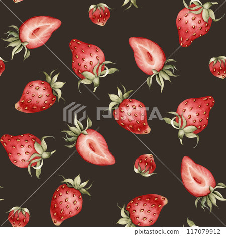 Strawberry, ripe berries. Watercolor illustration, floral seamless pattern on dark background with summer fruit for table textile, delicious prints, summer fabrics, wrapping paper and food package 117079912