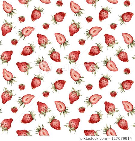 Strawberry, ripe berries. Watercolor illustration, floral seamless pattern on white background with summer fruit for table textile, delicious prints, summer fabrics, wrapping paper and food packages 117079914