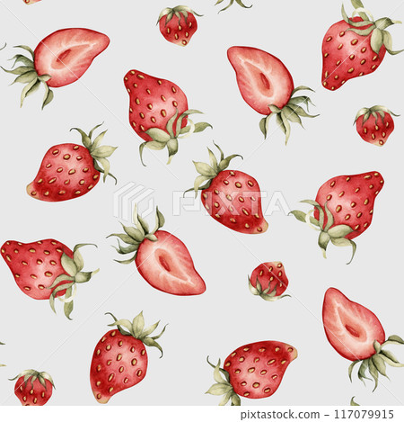 Strawberry, ripe berries. Watercolor illustration, floral seamless pattern on blue background with summer fruit for table textile, delicious prints, summer fabrics, wrapping paper and food packages 117079915