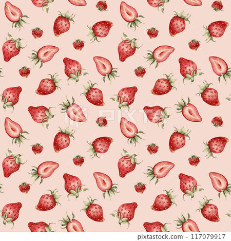 Strawberry, ripe berries. Watercolor illustration, floral seamless pattern on pink background with summer fruit for table textile, delicious prints, summer fabrics, wrapping paper and food packages 117079917