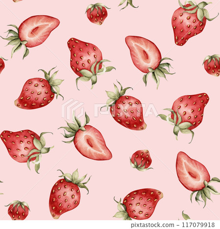 Strawberry, ripe berries. Watercolor illustration, floral seamless pattern on peach background with summer fruit for table textile, delicious prints, summer fabrics, wrapping paper and food packages Strawberry, ripe berries. Watercolor illustration, floral seamless pattern on peach background with summer fruit for table textile, delicious prints, summer fabrics, wrapping paper and food packages 117079918
