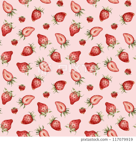 Strawberry, ripe berries. Watercolor illustration, floral seamless pattern on peach background with summer fruit for table textile, delicious prints, summer fabrics, wrapping paper and food packages 117079919