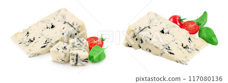 Blue cheese gorgonzola isolated on white background with full depth of field. 117080136