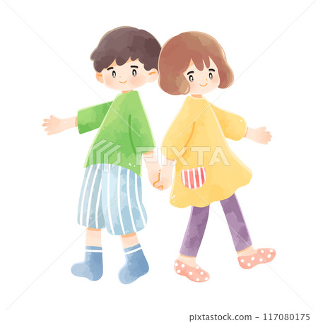 Friendly children holding hands, boy and girl Friendly children holding hands, boy and girl 117080175