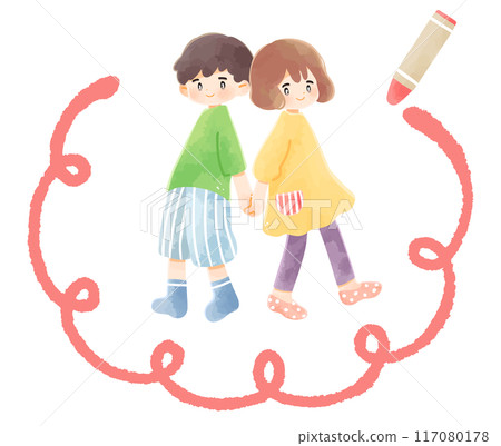 手繪蠟筆框,孩子手牽手 手繪蠟筆框,孩子手牽手 117080178