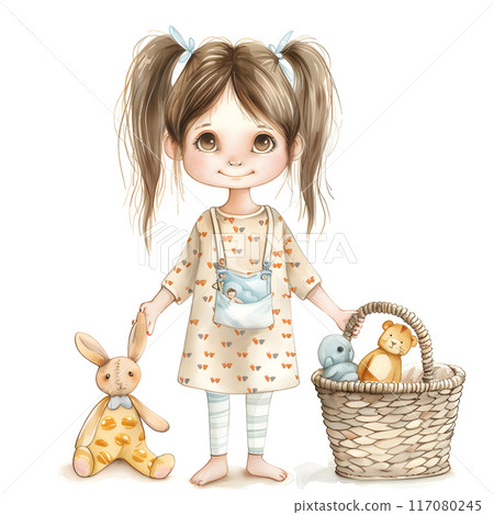 Watercolor Cute little girl with a basket of toys.  117080245