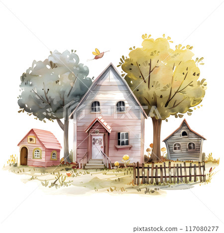 Watercolor illustration of a country house in autumn. 117080277
