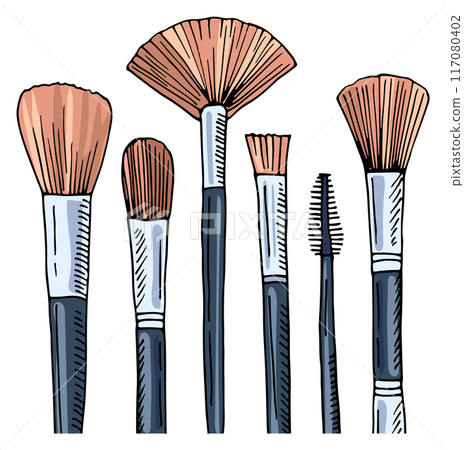 Makeup brushes set color sketch. Hand drawn tools Makeup brushes set color sketch. Hand drawn tools 117080402