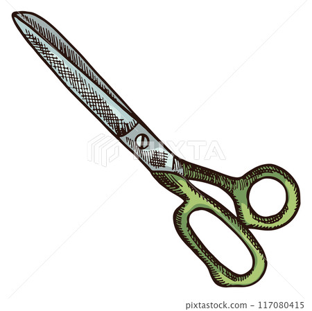 Scissors color sketch. Hand drawn cutting tool Scissors color sketch. Hand drawn cutting tool 117080415