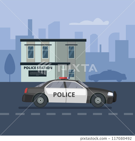 Police station with patrol car. City color illustration Police station with patrol car. City color illustration 117080492