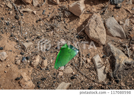 Green shard of glass on volcanic soil, Lanzarote, Canary Islands 117080598