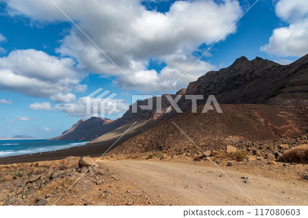 Landscape and beaches near Famara resort, Lanzarote, Canary Islands 117080603