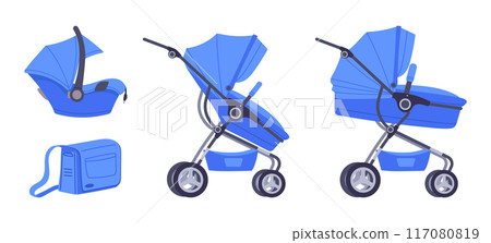 Baby stroller kit. Comfortable and safety newborn carriage with car seat, baby stroller transformer flat vector illustration set. Cartoon blue modular baby transport Baby stroller kit. Comfortable and safety newborn carriage with car seat, baby stroller transformer flat vector illustration set. Cartoon blue modular baby transport 117080819