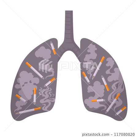 Cartoon smoke lungs. Unhealthy polluted respiratory system, environmental pollution human lungs metaphor flat vector illustration. Smokers lungs isolated on white 117080820