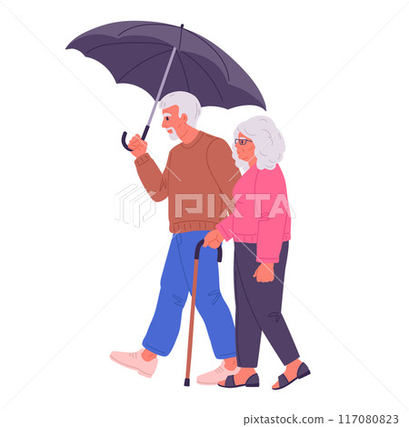 Elderly couple under umbrella. Senior man and woman walking under rain, old male and female characters holding umbrella flat vector Illustration. Couple walk in rainy weather 117080823