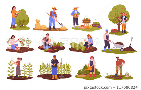 Farm agriculture workers. Harvesting, gardening and husbandry, people harvesting crop and care about farm animals flat vector illustration set. Agriculture farm work scenes Farm agriculture workers. Harvesting, gardening and husbandry, people harvesting crop and care about farm animals flat vector illustration set. Agriculture farm work scenes 117080824