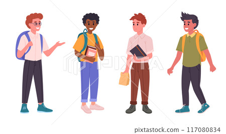 Male school students. Junior high or middle school boys with backpacks and books, happy friends going to school flat vector illustration set. Male school pupils 117080834