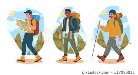 Men on hike. Hiking male tourists, trekking and backpacking characters outdoor adventure flat vector illustration set. Active guys hiking on wild nature trail 117080835