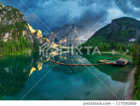 Aerial view of amazing alpine lake Braies in mountains at sunset 117080866