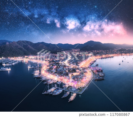 Aerial view of a night city, waterfront, marina, Milky Way 117080867
