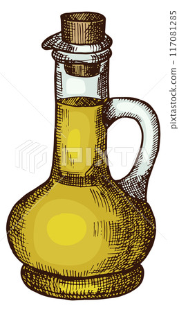 Fresh oil bottle. Hand drawn olive food product Fresh oil bottle. Hand drawn olive food product 117081285