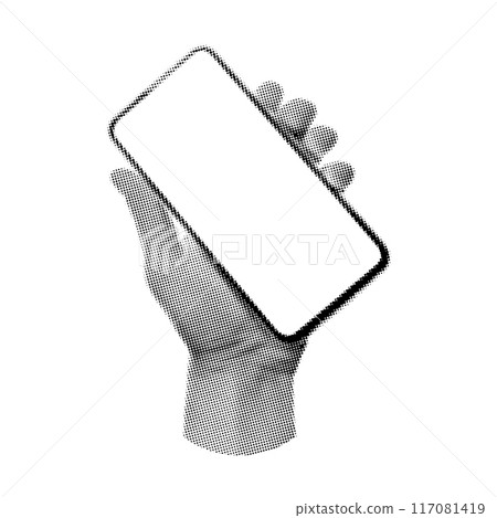 Halftone of mobile phone in hand on a white background. Vector illustration Halftone of mobile phone in hand on a white background. Vector illustration 117081419