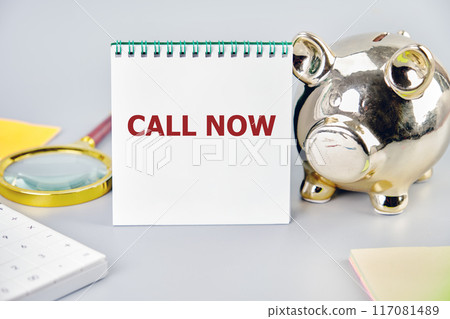 Conceptual call now symbol. Copy space. Call now message written a conceptual phrase on a blank sheet of a notebook 117081489
