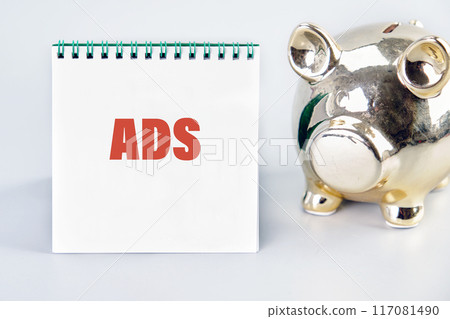 Abbreviation ADS written on a notebook in front of a gray background near the piggy bank Abbreviation ADS written on a notebook in front of a gray background near the piggy bank 117081490
