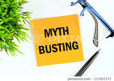 Myth busting word concept on a yellow mustard flower sticker on a white background Myth busting word concept on a yellow mustard flower sticker on a white background 117081572