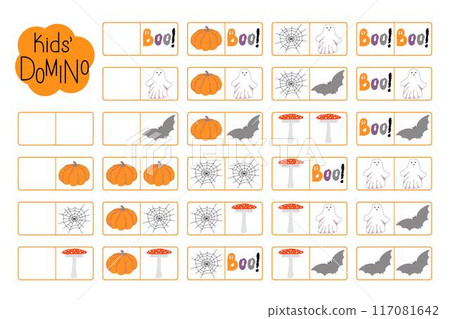 Domino for kids, learning Halloween autumn holiday illustration, vocabulary fun educational activity for logic thinking development, printable worksheet for group board game, teacher resources 117081642