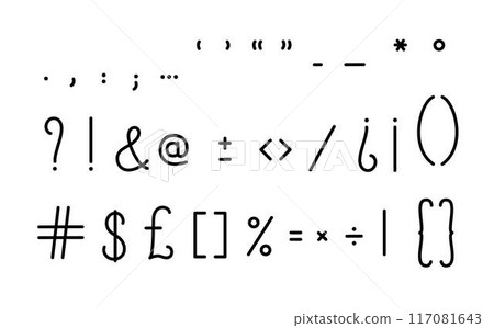 Punctuation marks, period, comma, ampersand, question, exclamation, brackets simple hand drawn symbols, typography vector illustration, mathematics, orthography, text separation Punctuation marks, period, comma, ampersand, question, exclamation, brackets simple hand drawn symbols, typography vector illustration, mathematics, orthography, text separation 117081643