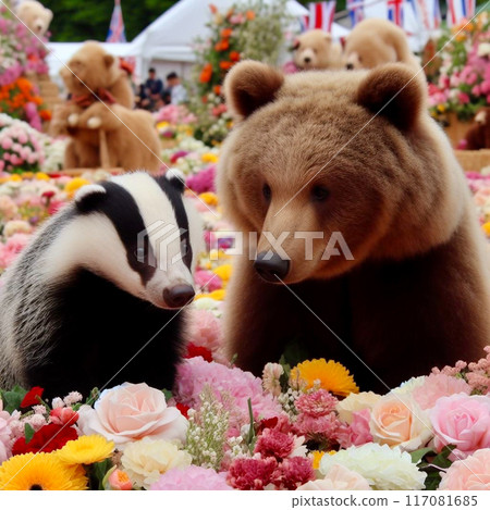 a bear cub and a badger drink tea near a village house a bear cub and a badger drink tea near a village house 117081685