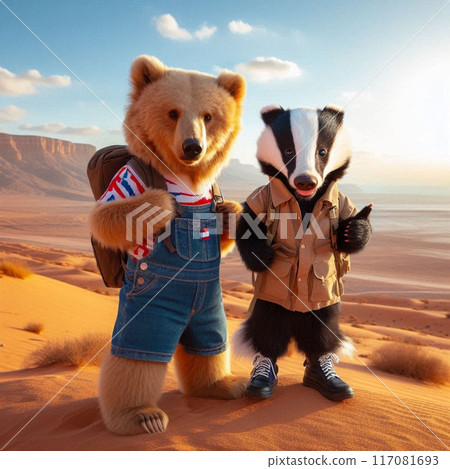 Little bear and badger friends travel in the desert Little bear and badger friends travel in the desert 117081693
