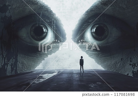 figure of a man standing near two huge eyes figure of a man standing near two huge eyes 117081698