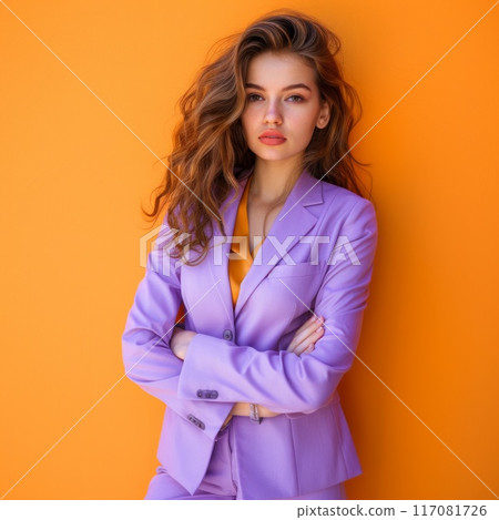 Business woman in a purple suit on a orange wall background Business woman in a purple suit on a orange wall background 117081726