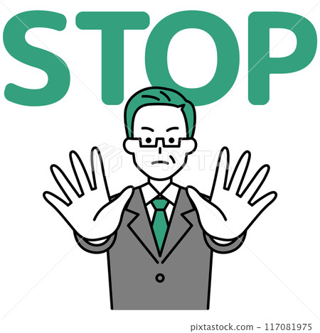 A middle-aged man in a suit holds both hands out in front of him and says STOP A middle-aged man in a suit holds both hands out in front of him and says STOP 117081975