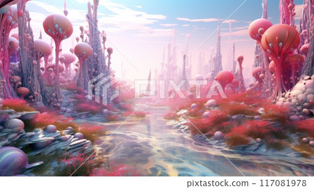 Surreal Fantasy Landscape with Pink Flora Ai generated 117081978