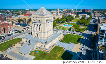 Aerial View of Indiana War Memorial, Urban Landscape, Sunny Day 117082356
