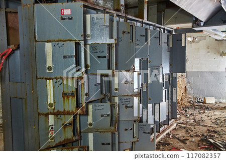 Decaying Industrial Electrical Lockers in Abandoned Factory 117082357