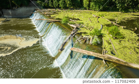 Green algae and bleached tree logs over waterfall into swirling basin aerial Maumee River Dam Fort Wayne, IN Green algae and bleached tree logs over waterfall into swirling basin aerial Maumee River Dam Fort Wayne, IN 117082406